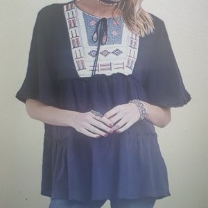 Easel Embroidered Top Navy Babydoll Cotton Shirt